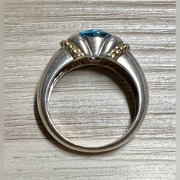 Vintage Designer Signed Sterling Silver & 14k Gold Beaded Blue Topaz Ring - Picture 6 of 11